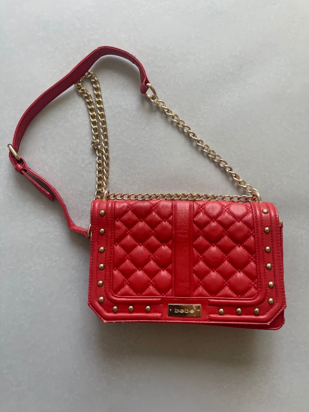 Bebe Red Quilted Crossbody Shoulder Bag Gold Chain Studded Purse